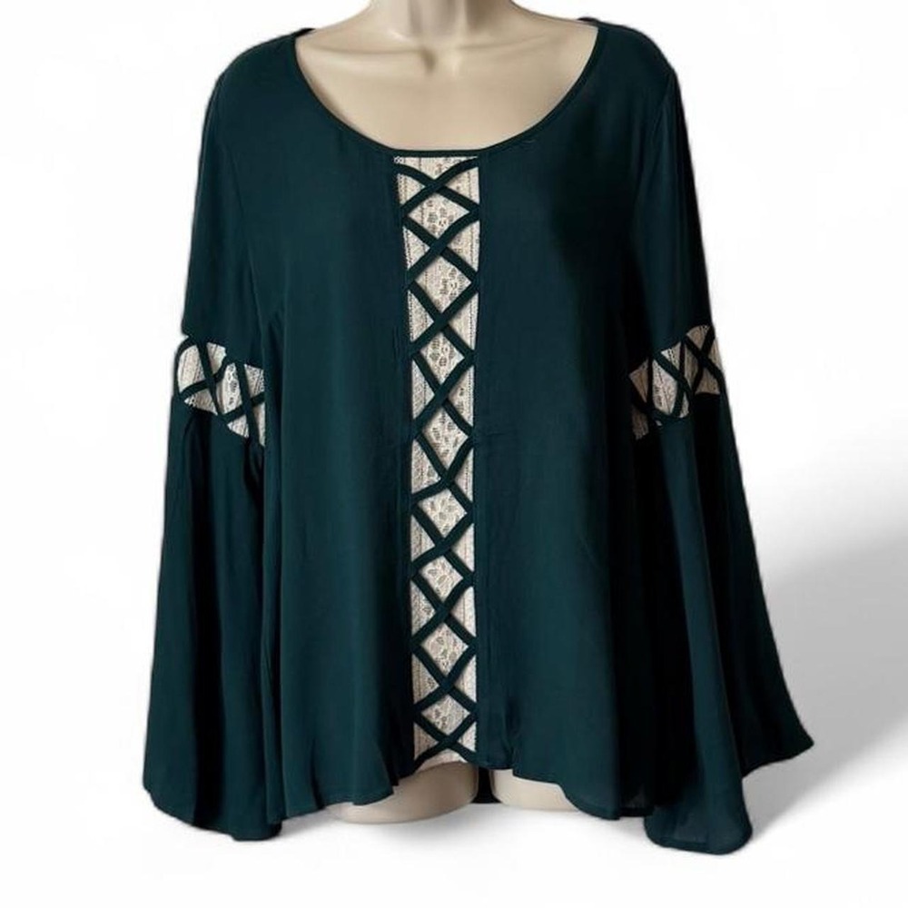 Entro Teal Lace Inlet Detail Bell Sleeve Top, Women's Size M